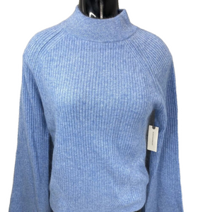NEW ANTHROPOLOGIE Women’s Cashmere Ribbed Sweater – Blue Size S Fitted Mock-Neck